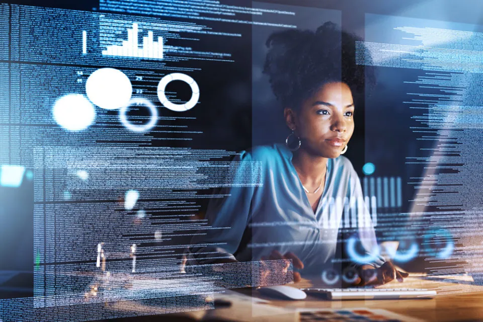 woman at the computer and watching technology window