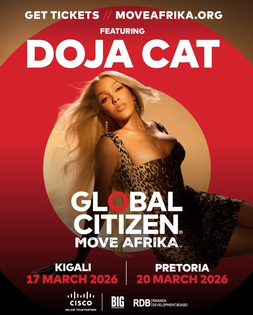 Promotional poster for Doja Cat headlining Global Citizen Move Afrika 2026 tour dates in Kigali, Rwanda and Pretoria, South Africa