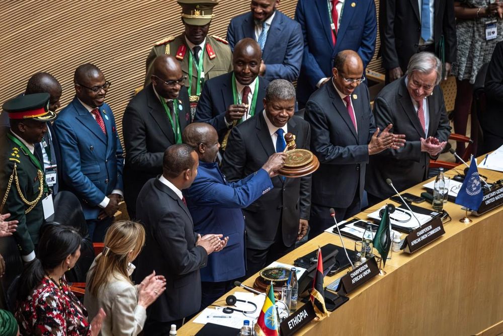African leaders, including Cyril Ramaphosa and Abiy Ahmed, alongside UN Secretary-General António Guterres at an African Union summit, representing the Global South asserting its geopolitical agency