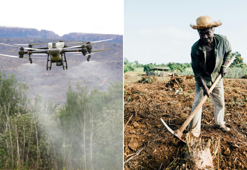 A split image showing a high-tech agricultural drone spraying crops on the left, contrasting with an African smallholder farmer manually tilling dry soil with a hoe on the right, representing global economic inequality
