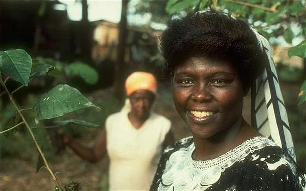 Nobel Peace Prize winner Wangari Maathai smiling warmly, demonstrating UBUNTU in action through her Green Belt Movement's ecological stewardship.