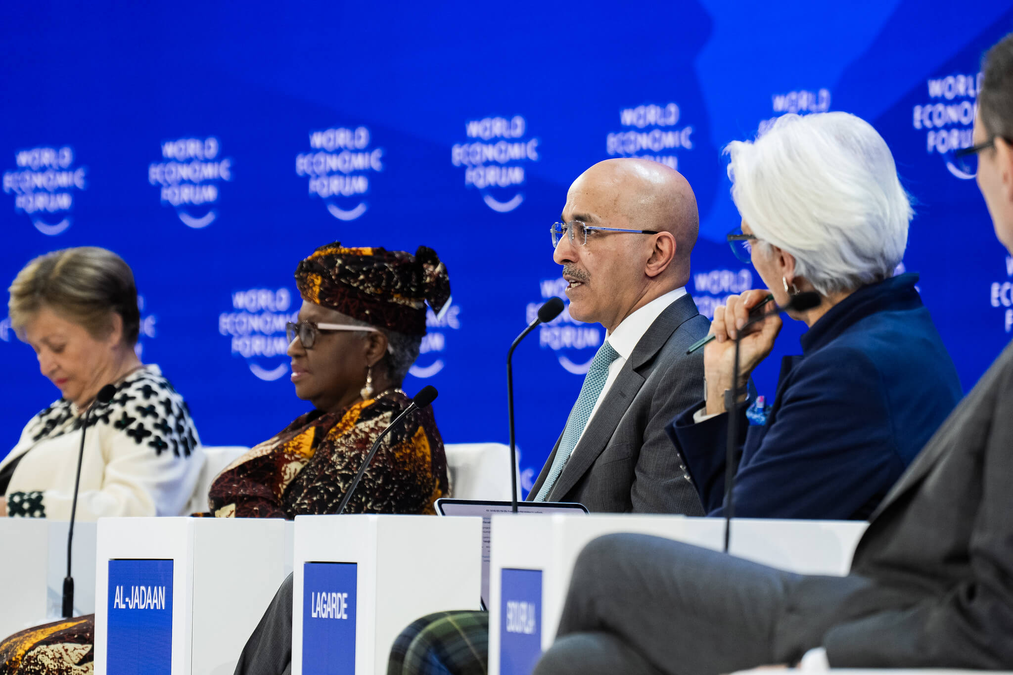 WTO Director-General Ngozi Okonjo-Iweala and global finance leaders at a World Economic Forum panel discussing the international economy