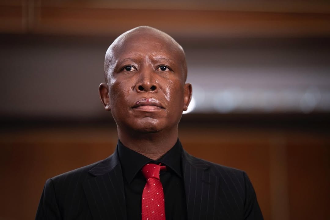 A powerful, close-up portrait of Julius Malema looking resolute, representing the political and personal stakes of his verdict in the South African justice system.