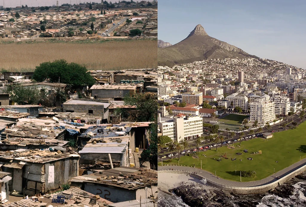 Split-screen image starkly contrasting a poor South African township with makeshift homes on the left, and an affluent, modern Cape Town suburb on the right, to visualize extreme wealth disparity.