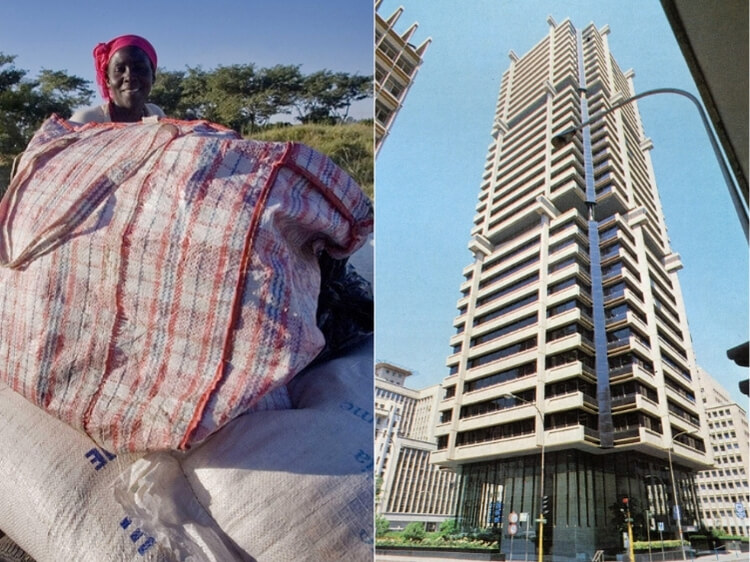 Split-screen image contrasting a rural African woman with agricultural sacks against a modern corporate skyscraper, symbolizing Africa's economic transformation.