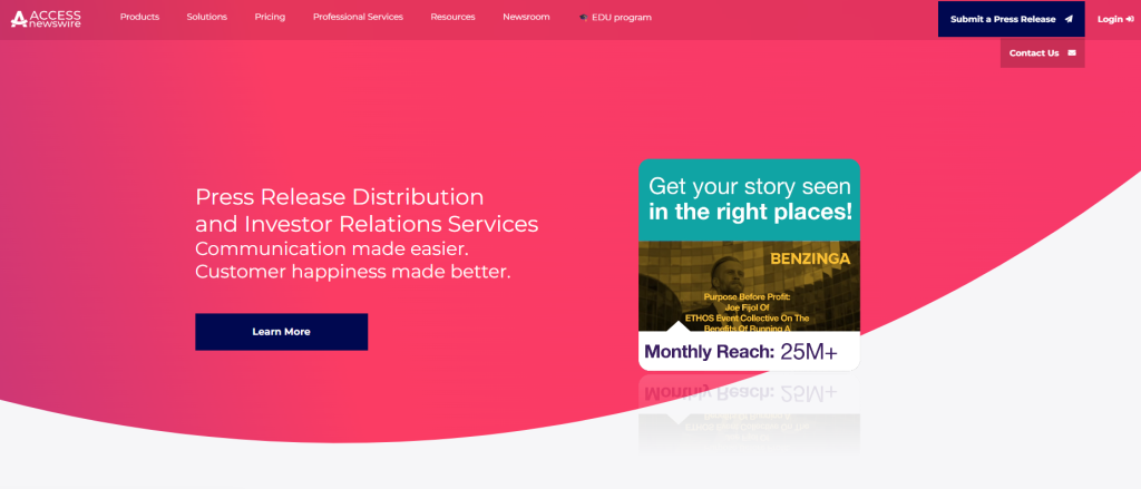 Accesswire homepage showing financial PR services and EDGAR filing integration.