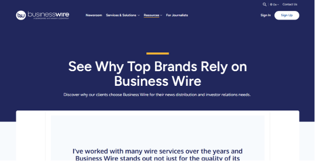 Business Wire website showing "See Why Top Brands Rely on Business Wire" for investor relations.