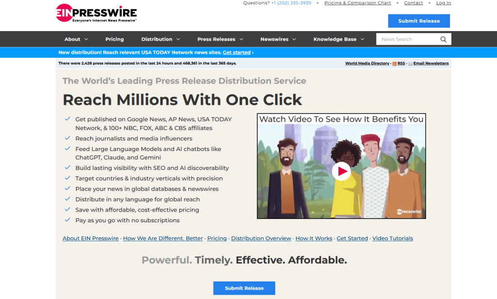EIN Presswire website highlighting "Reach Millions With One Click" and multilingual options.
