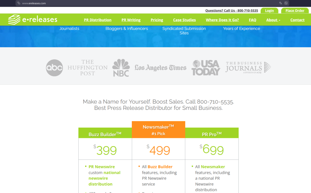 Comparison table of eReleases pricing plans: Buzz Builder, Newsmaker, and PR Pro.