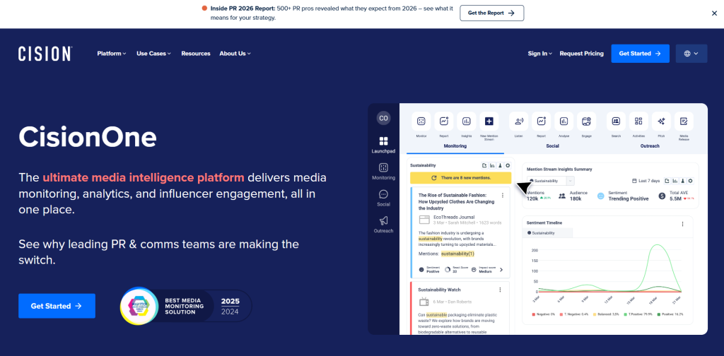 CisionOne dashboard showing media monitoring and PR Newswire distribution analytics.