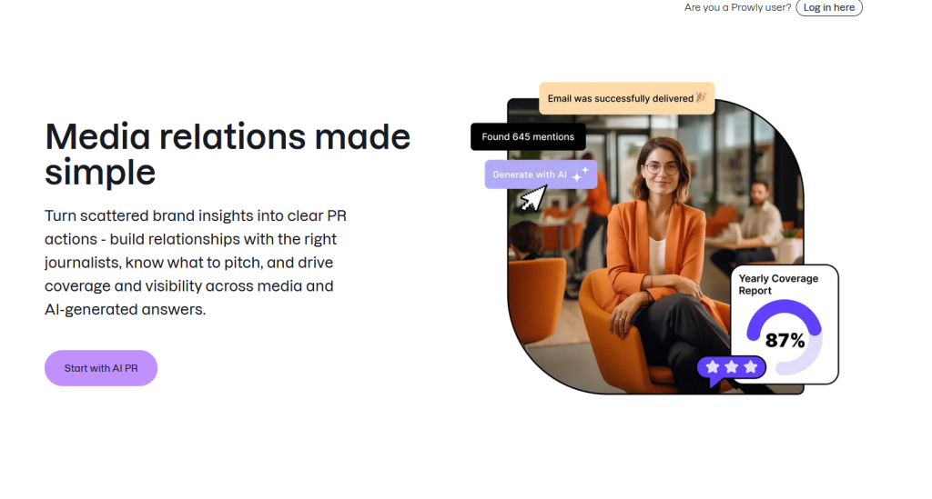 Prowly software interface showing media database and automated pitching tools.