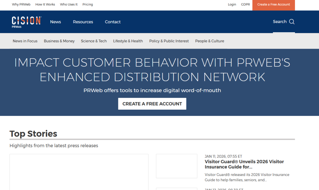 PRWeb top stories interface showing news distribution and Google News indexing.