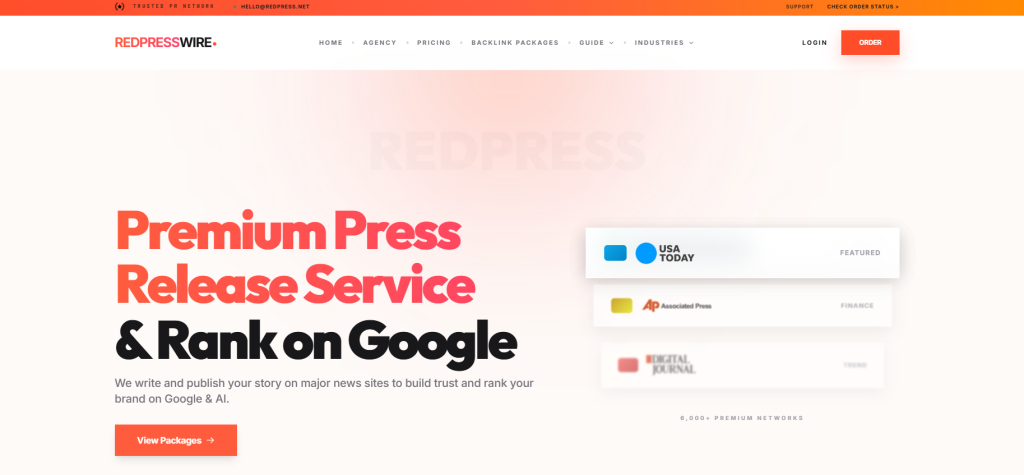 Screenshot of RedPress homepage highlighting premium press release service and Google ranking features