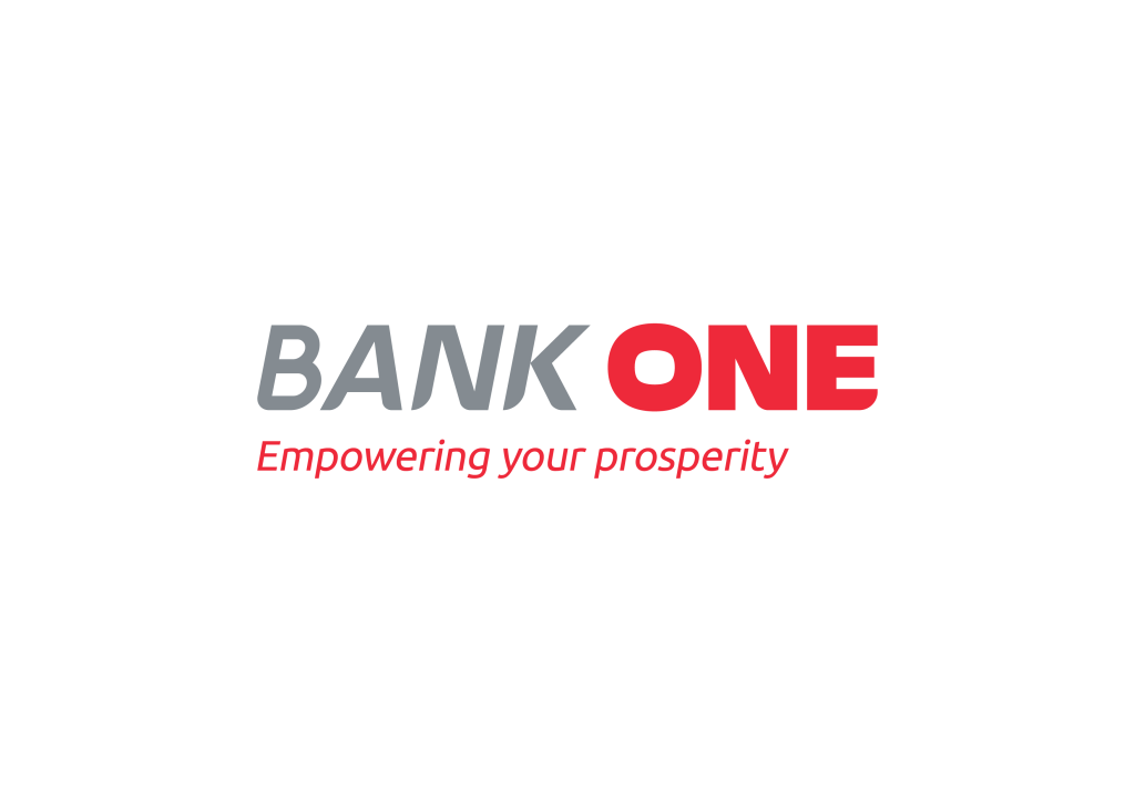 Bank One Mauritius official logo in grey and red with the slogan 'Empowering your prosperity' on a white background