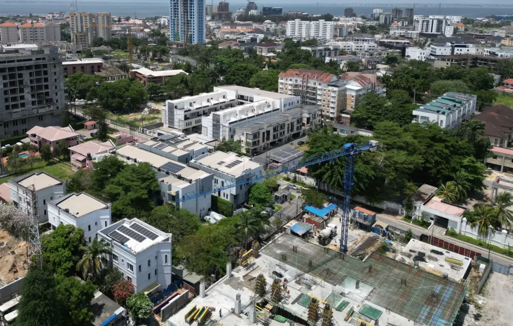 Aerial view of corporate skyscrapers and commercial infrastructure in Victoria Island, Lagos, representing hubs for African economic integration and investment.