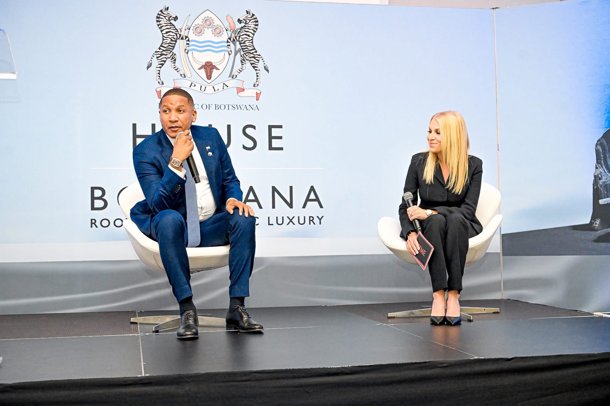 Botswana President Duma Boko speaking with TIME CEO Jessica Sibley during a Presidential Diamond Jubilee reception in New York.